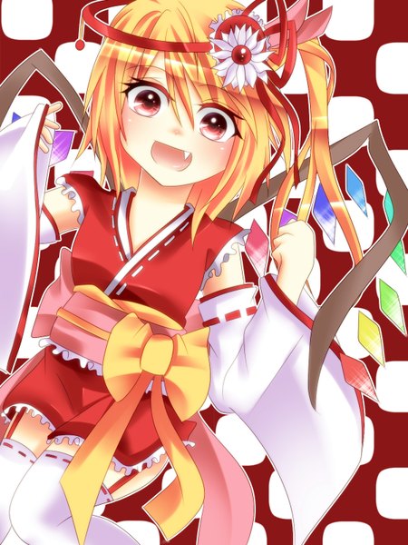 Anime picture 1200x1600 with touhou flandre scarlet single tall image short hair open mouth blonde hair red eyes teeth fang (fangs) girl thighhighs bow white thighhighs wings belt
