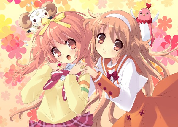 Anime picture 1408x1000 with nanatsuiro drops alice parade akihime sumomo miori (alice parade) yuki-chan emudori itou noiji long hair open mouth smile brown hair multiple girls pink hair official art :o sweat leaning leaning forward looking down plaid skirt