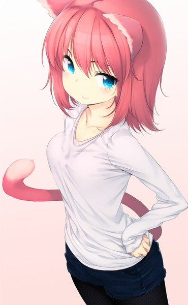Anime picture 628x1018 with original zizi (zz22) single tall image looking at viewer short hair smile animal ears pink hair tail animal tail cat ears cat girl cat tail girl pantyhose shorts