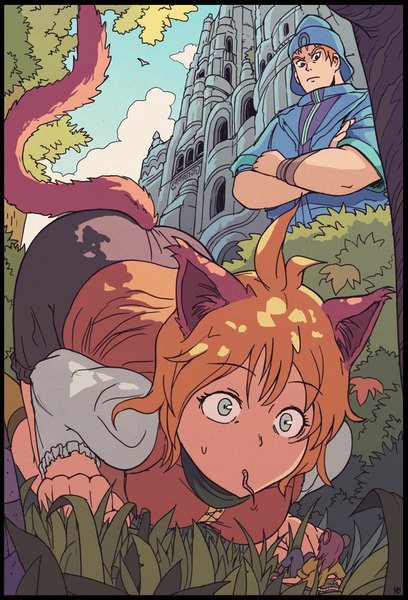 Anime picture 680x1000 with felarya karbo tall image fringe short hair blonde hair animal ears sky cloud (clouds) tail animal tail aqua eyes cat ears cat girl cat tail crossed arms minigirl giant girl boy