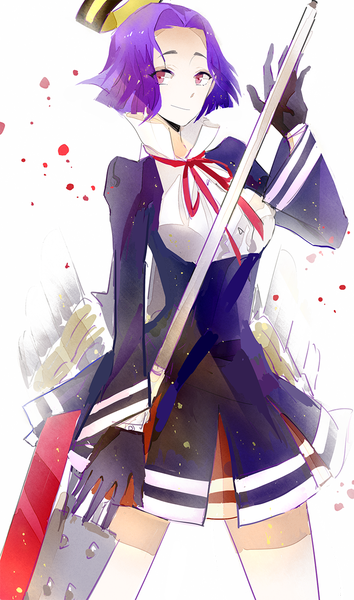 Anime picture 750x1270 with kantai collection tatsuta light cruiser nanobe single tall image short hair smile white background purple eyes looking away purple hair girl gloves weapon black gloves halo