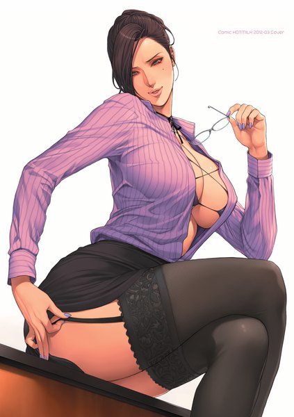 Anime picture 2255x3200 with original oda non single tall image looking at viewer fringe highres short hair breasts light erotic black hair large breasts sitting brown eyes scan open shirt girl thighhighs skirt black thighhighs