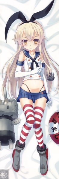 Anime picture 2394x7278 with kantai collection shimakaze destroyer rensouhou-chan nanao naru single long hair tall image looking at viewer blush highres open mouth light erotic brown eyes full body white hair dakimakura (medium) girl thighhighs skirt gloves