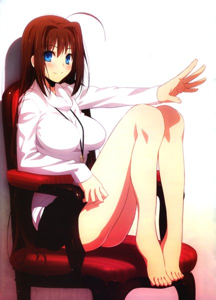 Anime picture 2122x2949 with mahou tsukai no yoru aozaki aoko single long hair tall image looking at viewer highres breasts blue eyes light erotic brown hair large breasts sitting barefoot scan legs girl