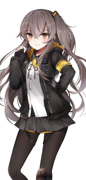 Anime picture 2598x5433 with girls frontline ump45 (girls frontline) bada (jksh5056) single long hair tall image looking at viewer blush fringe highres simple background hair between eyes standing white background yellow eyes long sleeves light smile grey hair one side up scar