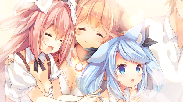 Anime picture 1280x720 with karakara leon laird rebecca valentine aisia mayfield lucia haynes p19 long hair blush breasts open mouth blue eyes blonde hair smile wide image multiple girls animal ears blue hair pink hair game cg cleavage