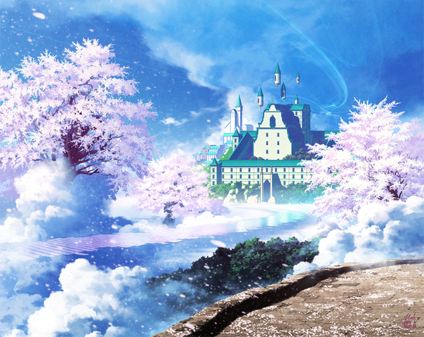 Anime picture 1000x796 with original mocha (cotton) signed sky cloud (clouds) wind cherry blossoms reflection horizon landscape scenic weightlessness plant (plants) petals tree (trees) castle tower