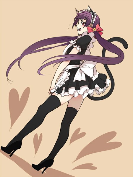 Anime picture 859x1144 with ao no exorcist a-1 pictures kamiki izumo single long hair tall image blush fringe simple background red eyes standing twintails animal ears purple hair tail very long hair animal tail profile pink eyes looking back