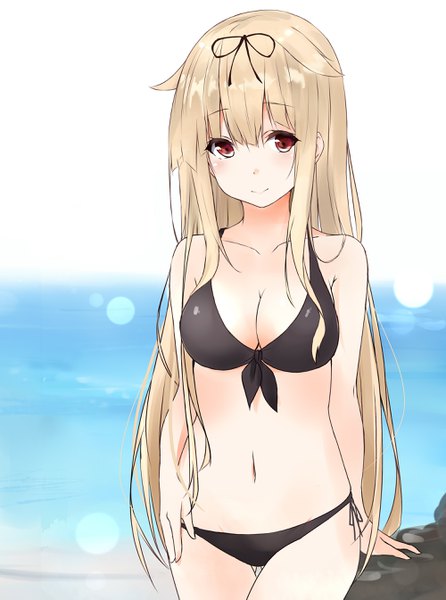 Anime picture 2000x2689 with kantai collection yuudachi destroyer saku (kudrove) single long hair tall image looking at viewer blush fringe highres light erotic blonde hair red eyes light smile hand on hip ass visible through thighs horizon remodel (kantai collection) girl swimsuit