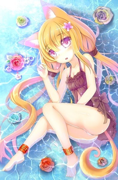 Anime picture 2160x3300 with original ming (3952862) single long hair tall image fringe highres light erotic blonde hair purple eyes twintails animal ears tail lying very long hair animal tail hair flower from above sparkle fox ears