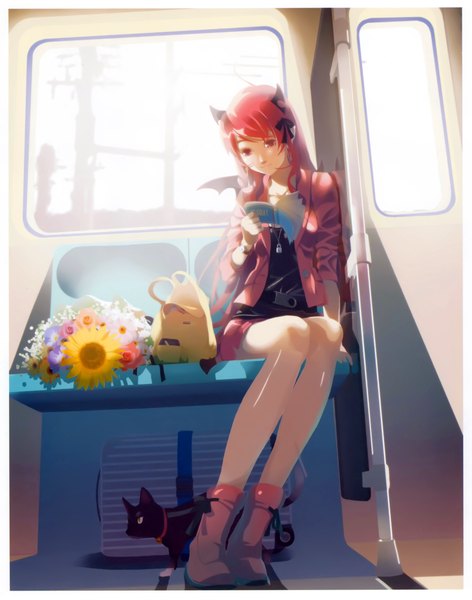 Anime picture 4160x5287 with original vofan single long hair tall image highres red eyes sitting absurdres red hair scan open clothes open jacket train interior girl flower (flowers) wings book (books) cat bag