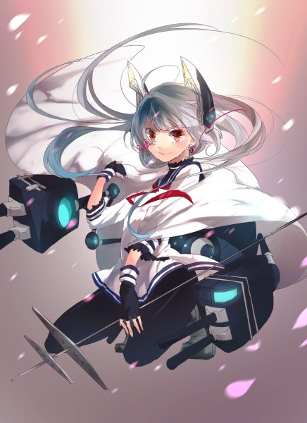 Anime picture 872x1200 with kantai collection murakumo destroyer miwano rag single long hair tall image looking at viewer fringe simple background holding ahoge multicolored hair wind grey hair gradient hair jumping glow >:) girl gloves
