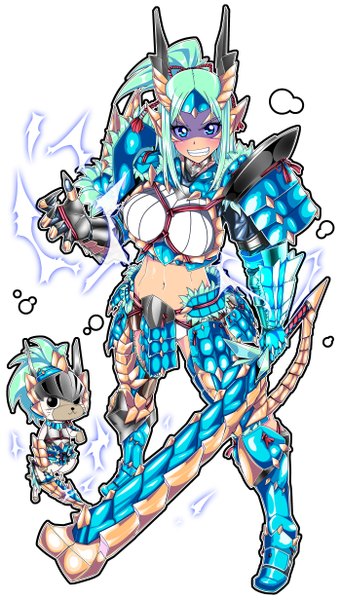 Anime picture 1400x2462 with monster hunter monster hunter (character) zinogre (armor) nikupizzau single long hair tall image looking at viewer blush breasts blue eyes smile large breasts white background blue hair ponytail girl gloves navel sword