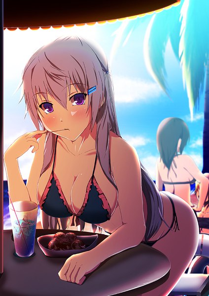 Anime picture 661x936 with original kanzaki kureha long hair tall image looking at viewer blush fringe breasts light erotic hair between eyes large breasts purple eyes multiple girls sky outdoors blurry leaning leaning forward blue background eating