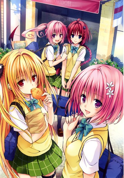 Anime picture 1764x2515 with toloveru toloveru darkness xebec konjiki no yami momo velia deviluke nana asta deviluke kurosaki mea yabuki kentarou long hair tall image highres open mouth blonde hair red eyes twintails purple eyes multiple girls pink hair red hair tail