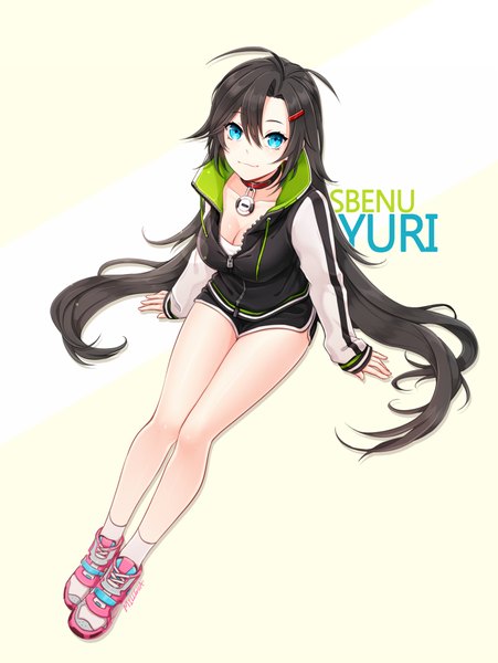 Anime picture 730x970 with closers yuri seo millgua single tall image looking at viewer blue eyes black hair simple background smile white background ahoge very long hair inscription character names girl uniform jacket shorts short shorts