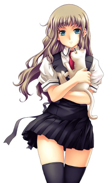 Anime picture 919x1500 with original nagayori single long hair tall image looking at viewer blue eyes simple background brown hair white background zettai ryouiki girl thighhighs uniform black thighhighs school uniform animal cat