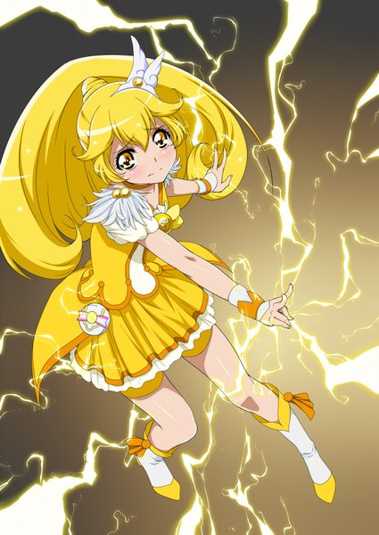 Anime picture 1240x1750 with precure smile precure! toei animation kise yayoi cure peace iyakun (artist) single long hair tall image blush blonde hair yellow eyes brown background lightning girl dress boots tiara brooch