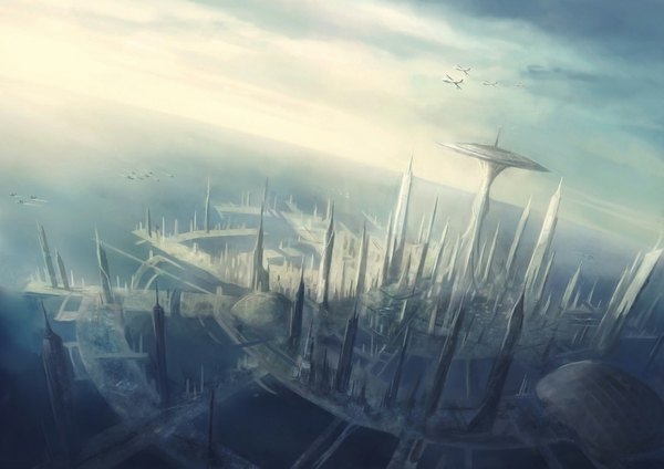 Anime picture 1100x778 with original park jae-cheol sky cloud (clouds) city sea building (buildings) aircraft watercraft airplane tower ship
