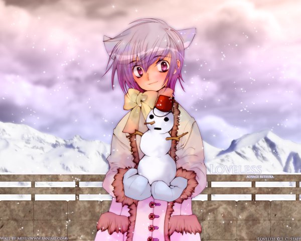 Anime picture 1280x1024 with loveless j.c. staff aoyagi ritsuka snowing winter snow girl gloves coat snowman