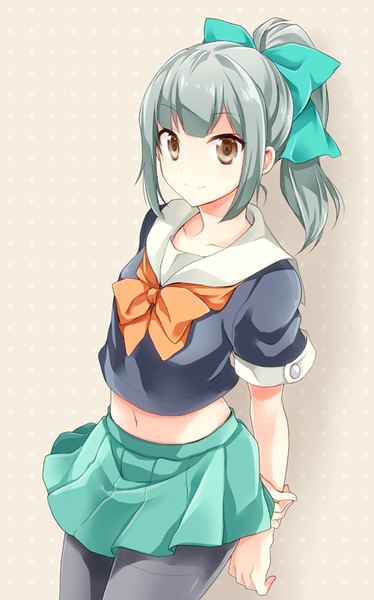 Anime picture 500x802 with kantai collection yuubari light cruiser kubyou azami single long hair tall image looking at viewer fringe simple background smile brown eyes ponytail from above grey hair grey background bare belly hands behind back polka dot polka dot background girl