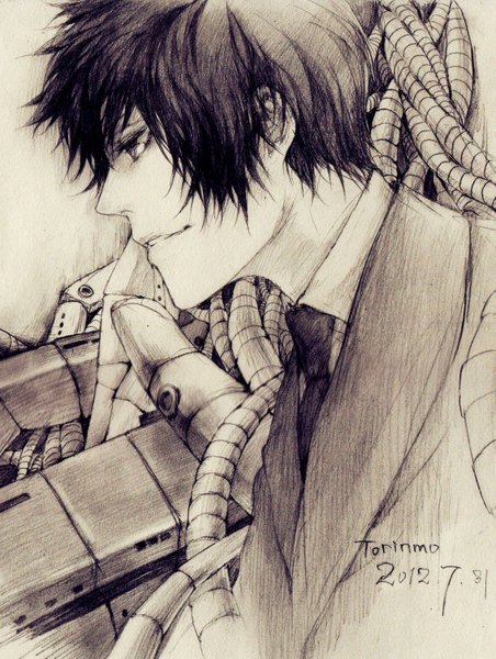 Anime picture 1221x1620 with katekyou hitman reborn hibari kyouya torinmo single tall image short hair open mouth profile inscription monochrome dark hair boy shirt necktie wire (wires)