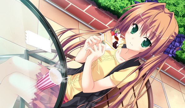 Anime picture 1024x600 with princess evangile sagisawa chiho single long hair brown hair wide image green eyes game cg girl sweets crepe