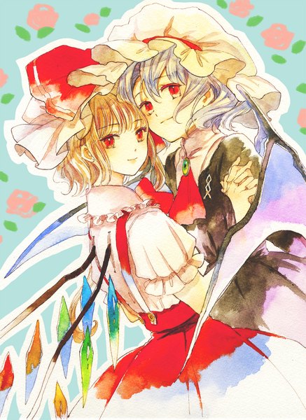 Anime picture 1312x1799 with touhou flandre scarlet remilia scarlet sugi (artist) tall image looking at viewer short hair blonde hair smile red eyes multiple girls purple hair holding hands girl dress 2 girls wings bonnet