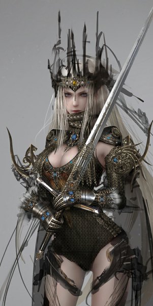 Anime picture 575x1146 with neko single long hair tall image looking at viewer fringe breasts purple eyes holding cleavage lips realistic grey background 3d girl weapon sword armor crown gauntlets