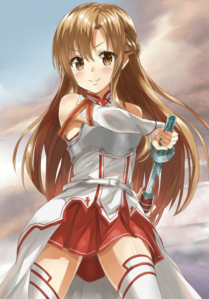 Anime picture 700x1000 with sword art online a-1 pictures yuuki asuna heirou single long hair tall image looking at viewer blush smile brown hair holding brown eyes zettai ryouiki unsheathing girl thighhighs skirt gloves weapon