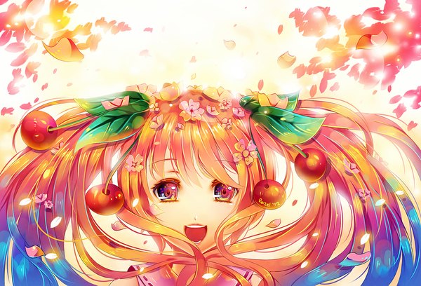 Anime picture 1000x680 with vocaloid hatsune miku sakura miku raayzel single long hair open mouth twintails orange hair orange eyes girl flower (flowers) petals food leaf (leaves) berry (berries) cherry