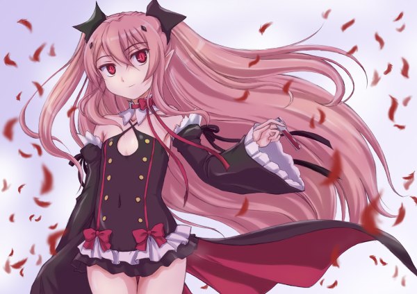 Anime picture 1200x848 with owari no seraph wit studio kururu tepes wanyan aguda single long hair fringe hair between eyes red eyes standing bare shoulders holding payot looking away pink hair sky cloud (clouds) head tilt wind pointy ears