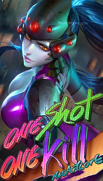 Anime picture 600x1047 with overwatch blizzard entertainment widowmaker (overwatch) nudtawut thongmai single tall image breasts light erotic large breasts signed yellow eyes purple hair ponytail very long hair from above lips realistic inscription tattoo lipstick