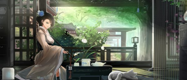 Anime picture 2416x1041 with original kikivi single looking at viewer highres short hair blue eyes black hair wide image sitting traditional clothes japanese clothes girl hair ornament flower (flowers) plant (plants) animal tree (trees) kimono cat
