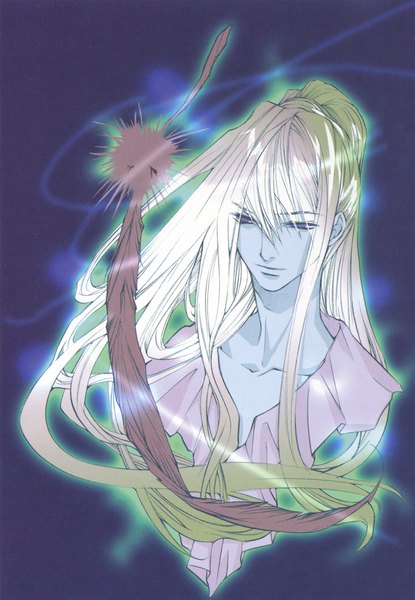 Anime picture 1500x2168 with kouga yun single long hair tall image blonde hair simple background ponytail boy feather (feathers)