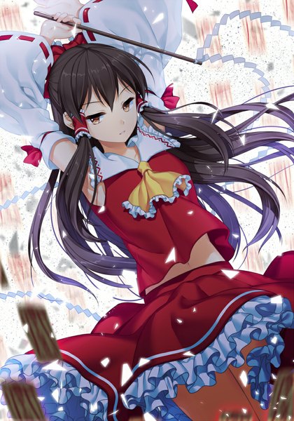 Anime picture 735x1050 with touhou hakurei reimu jenevan single long hair tall image looking at viewer black hair yellow eyes traditional clothes miko girl skirt bow hair bow detached sleeves skirt set gohei ofuda