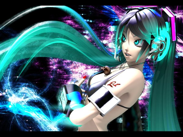 Anime picture 1500x1125 with vocaloid bacterial contamination (vocaloid) hatsune miku deino single twintails bare shoulders very long hair aqua eyes aqua hair girl hair ornament detached sleeves headphones pendant bikini top skull