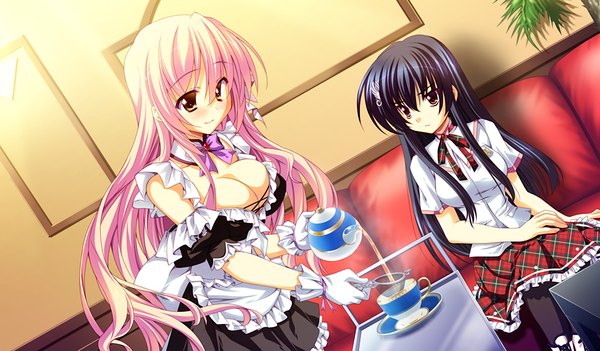 Anime picture 1536x900 with cure mate club (game) black hair wide image multiple girls pink hair game cg maid girl 2 girls serafuku tea