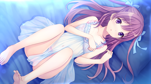 Anime picture 1280x720 with houkago no futekikakusha maizuru asagao long hair light erotic wide image purple eyes pink hair game cg barefoot pantyshot girl underwear panties ribbon (ribbons) hair ribbon