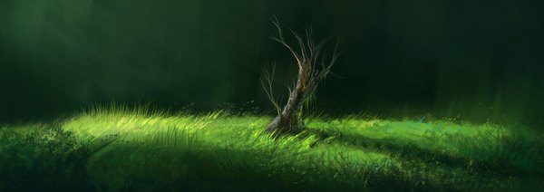 Anime picture 3000x1062 with original aspeckofdust (artist) highres wide image absurdres plant (plants) tree (trees) grass