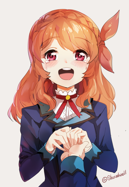 Anime picture 693x1000 with aikatsu! hoshimiya ichigo oozora akari shovelwell long hair tall image looking at viewer blush open mouth simple background multiple girls signed braid (braids) :d pink eyes orange hair grey background teeth twitter username tears