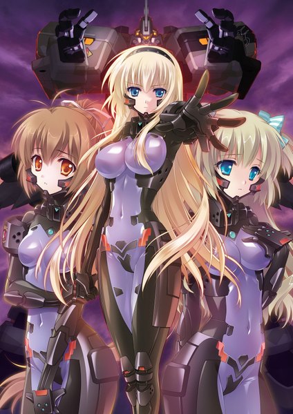 Anime picture 1273x1800 with muv-luv alternative schwarzesmarken muv-luv irisdina bernhard katia waldheim liz hohenstein carnelian long hair tall image looking at viewer breasts blue eyes light erotic blonde hair brown hair multiple girls brown eyes ponytail girl 3 girls