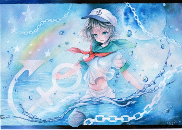 Anime picture 1500x1070 with touhou murasa minamitsu mosho single blush short hair blue eyes black hair signed spread arms traditional media watercolor (medium) girl navel hat water star (symbol) moon chain full moon