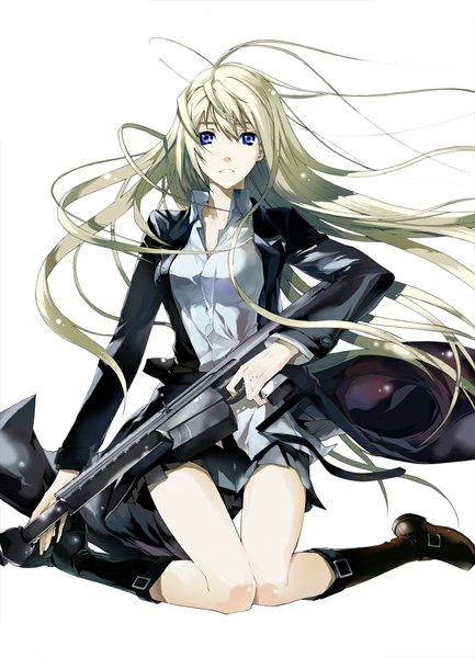 Anime picture 768x1063 with original justminor single tall image looking at viewer open mouth blue eyes blonde hair simple background white background sitting very long hair wind girl skirt weapon shirt gun