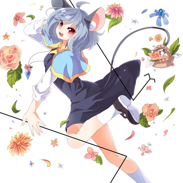 Anime picture 2000x2000 with touhou nazrin kozakura (dictionary) single looking at viewer blush highres short hair open mouth simple background red eyes white background animal ears ahoge tail :d animal tail grey hair symbol-shaped pupils happy