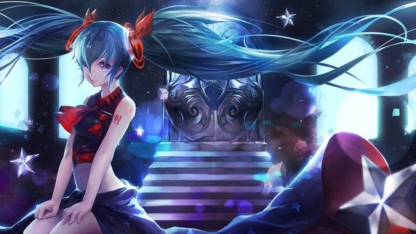 Anime picture 1920x1080 with vocaloid hatsune miku hxxg single long hair blush fringe highres wide image sitting purple eyes twintails bare shoulders looking away hair over one eye aqua hair bare belly midriff tattoo girl