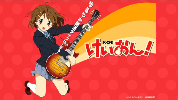 Anime picture 1920x1080 with k-on! kyoto animation hirasawa yui horiguchi yukiko single looking at viewer highres short hair open mouth brown hair wide image brown eyes full body :d wallpaper copyright name text red background jumping girl