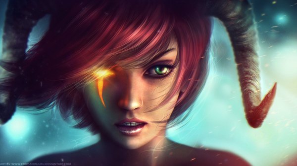 Anime picture 1920x1080 with dungeons and dragons eddy-shinjuku single looking at viewer highres short hair wide image green eyes yellow eyes red hair horn (horns) wind wallpaper lipstick heterochromia glowing close-up face glowing eye (eyes) girl
