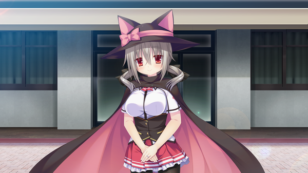 Anime picture 2048x1152 with natsu no majo no parade alisa crowley single long hair looking at viewer blush highres red eyes wide image twintails game cg grey hair witch girl hat cape witch hat