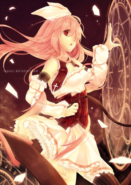 Anime picture 800x1126 with virtual youtuber atelier live pinku (vtuber) rosuuri single long hair tall image looking at viewer open mouth red eyes pink hair wind magic girl thighhighs dress bow hair bow white dress cross